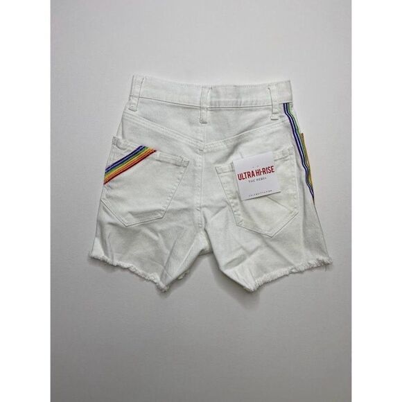 Celebrity‎ Pink Jean Shorts 3 White Juniors' Rainbow Stripe Stretch Raw-Hem NEW - Picture 2 of 13